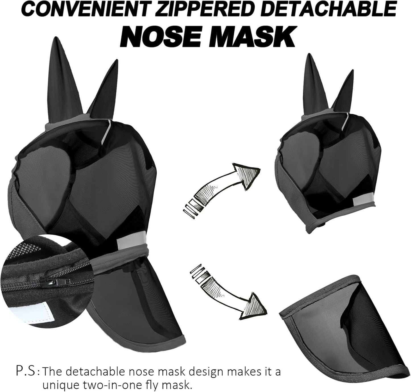Luminous Horse Fly Mask with Long Nose, Ears, Full Face & Eye Protection - Full Mesh, Detachable Nose Cover, Fleece Padded Edging, Hook-and-Loop Straps with Webbing, Hanging Straps Black