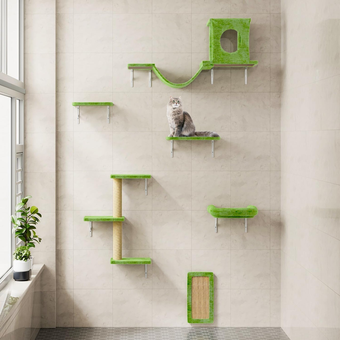 NUNU LAB Cat Wall Shelves, 6 Pcs Luxury Wall-Mounted Cat Climber Set, Indoor Cat Furniture with 1 Condos House, 2 Cat Wall Shelves, 1 Scratching, 1 Bridge Ladder, 1 Scratching Pad, Green