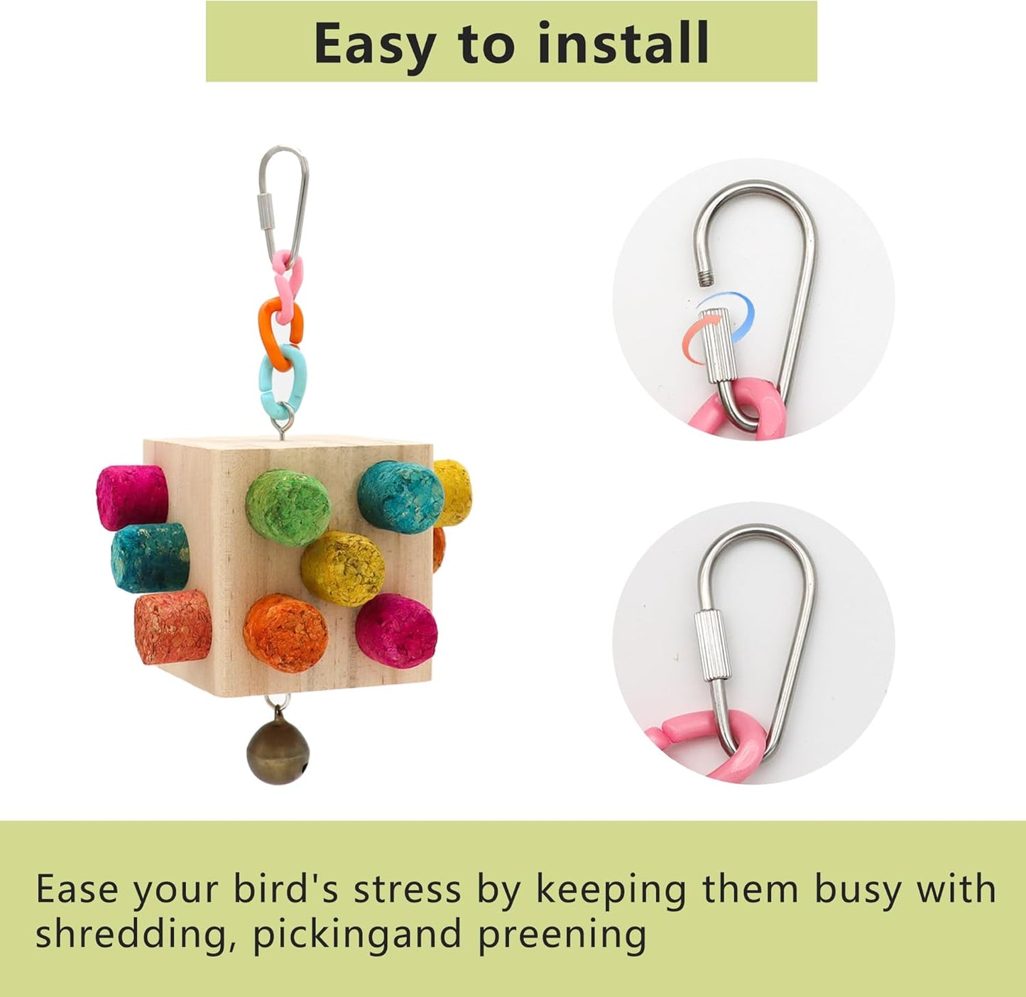 Square Bird Chew Toy, Parrot Cork Stopper Toys Bird Swing Bell Hanging Wooden Puzzle Foraging Toys Small Bird Bite Perch Stand, Small and Medium Parrots (1 Pack-Square Cork Stick)