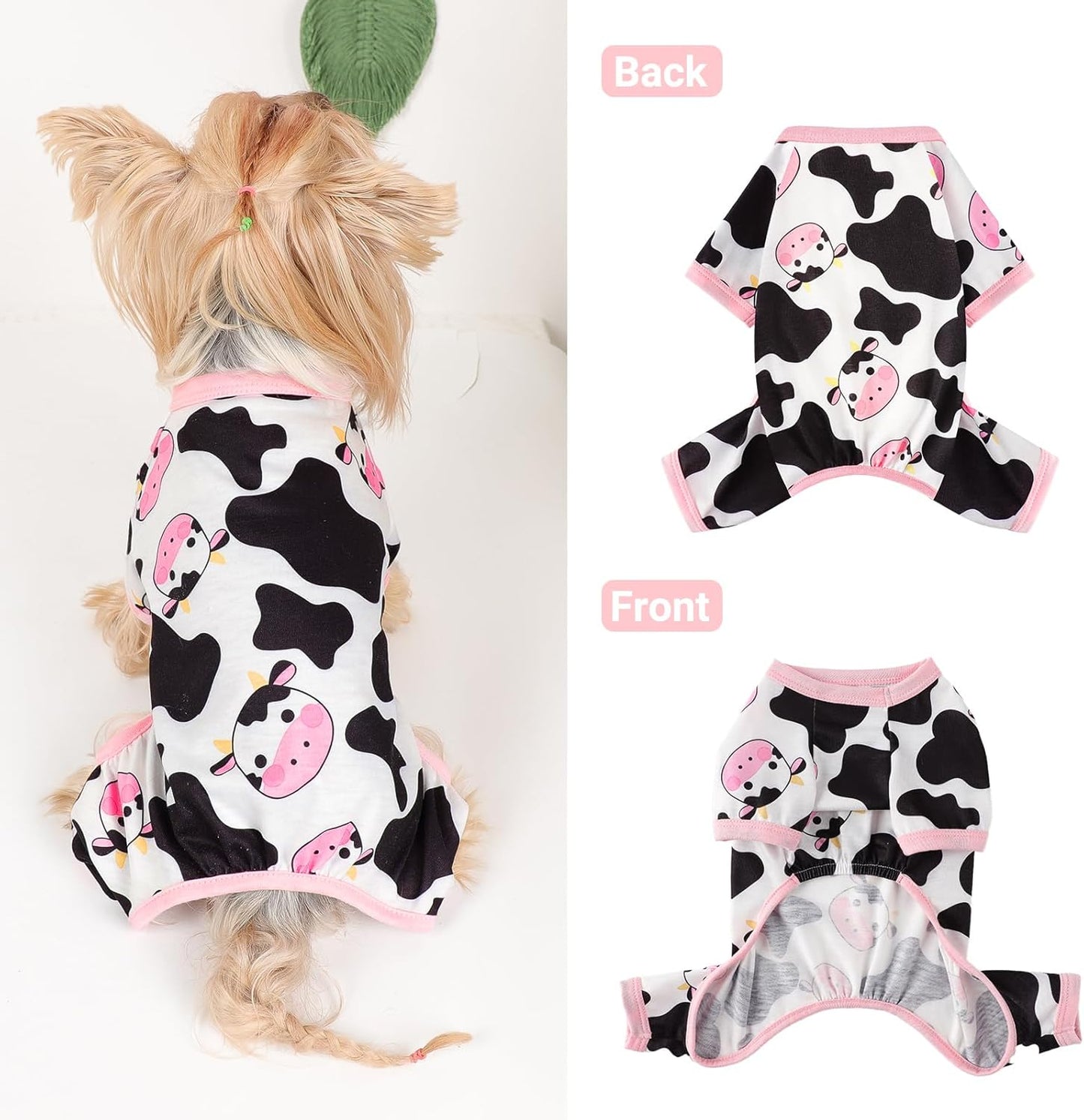 Dog Pajamas Small Sized Dogs Stretchable Summer Dog Clothes Pjs 4 Legs Girl Boy Cute Soft Puppy Outfits Doggie Cat Jammies Jumpsuit Sleeper for Pet, Pink Cow, L