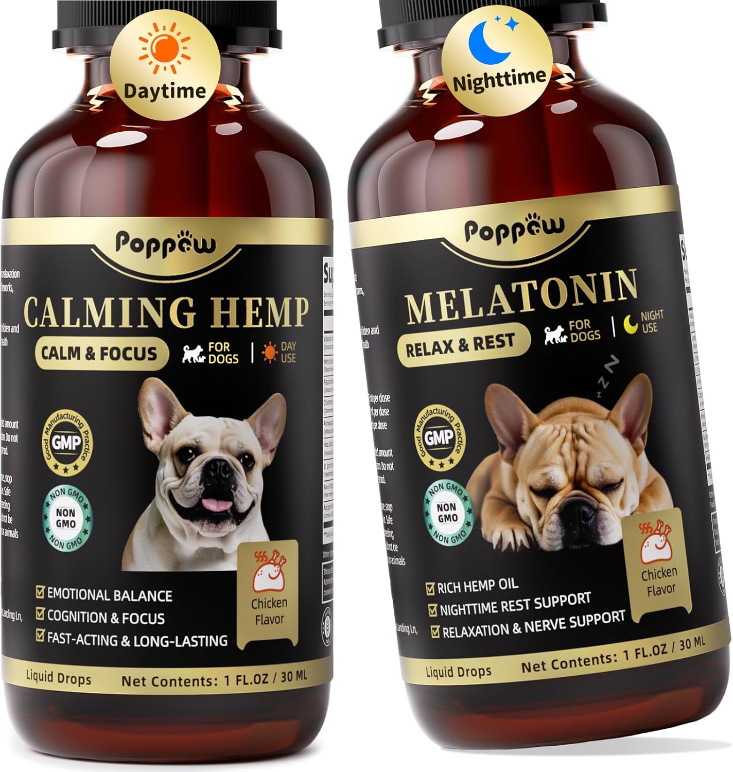 Hemp & Melatonin Calming Drops for Dogs – Day & Night Calming Treat for Anxiety Relief, Stress, Aggression, Separation, Relaxation & Sleep Aid, Chicken Flavor, 2 FL Oz