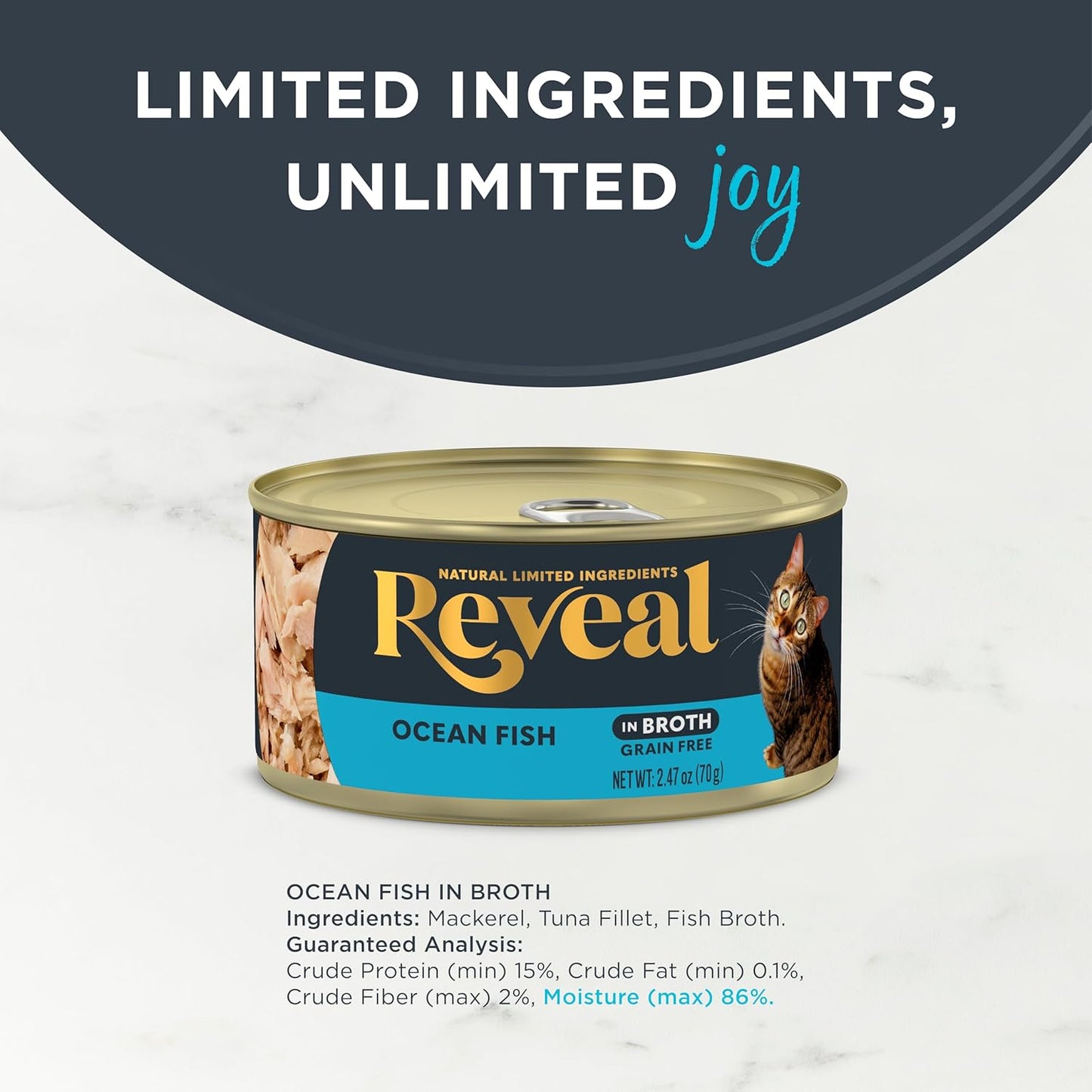 Reveal Natural Wet Cat Food, 24 Count, Grain Free, Limited Ingredient Canned Food for Cats, Ocean Fish in Broth, 2.47 oz Cans