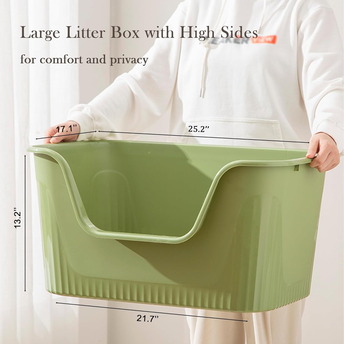 Vealind Extra Large Litter Box with High Sides, XL Litter Boxes for Big Cats, High Sided Litter Pan, Leak-Proof & Anti-Splashing, Easy Clean & Durable (25” * 17” * 13” Green)