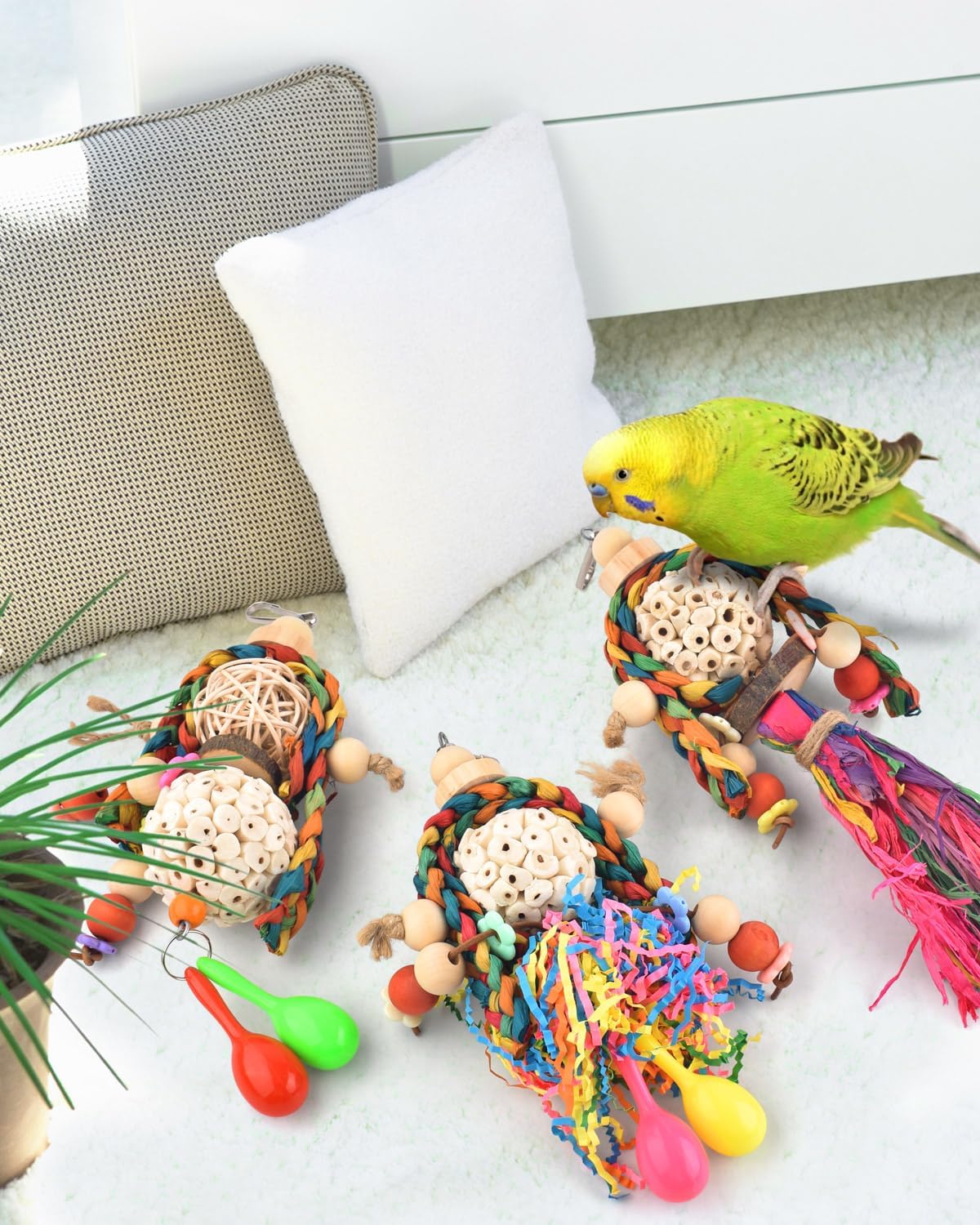 Bissap 3PCS Bird Parrot Foraging Shredder Hanging Toys Sola Balls with Sand Hammer for Small Parrots Parakeets Conures Cockatiels Love Birds Cage Toy