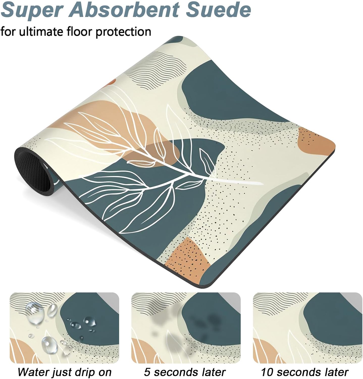 Rnivvi Dog Food Mat, 16" x 24" Boho Absorbent Dog Cat Bowl Mat for Food and Water, Cute Anti-Slip Rubber Pet Feeding Rug Protect Floors, Puppy Placemat for Feeding & Watering Supplies, Abstract Leaves