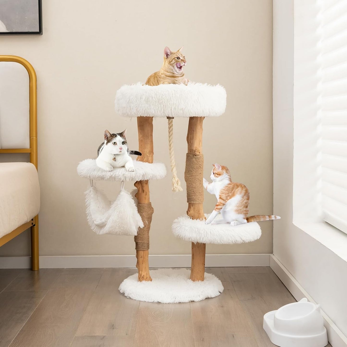 Tangkula Cat Tree Tower, Solid Wood Modern Cat Tower with Cozy Top Perch, 2 Platforms & 1 Hammock, Natural Branch Cute Cat Tree with Scratching Posts & Sisal Rope for Indoor Cats