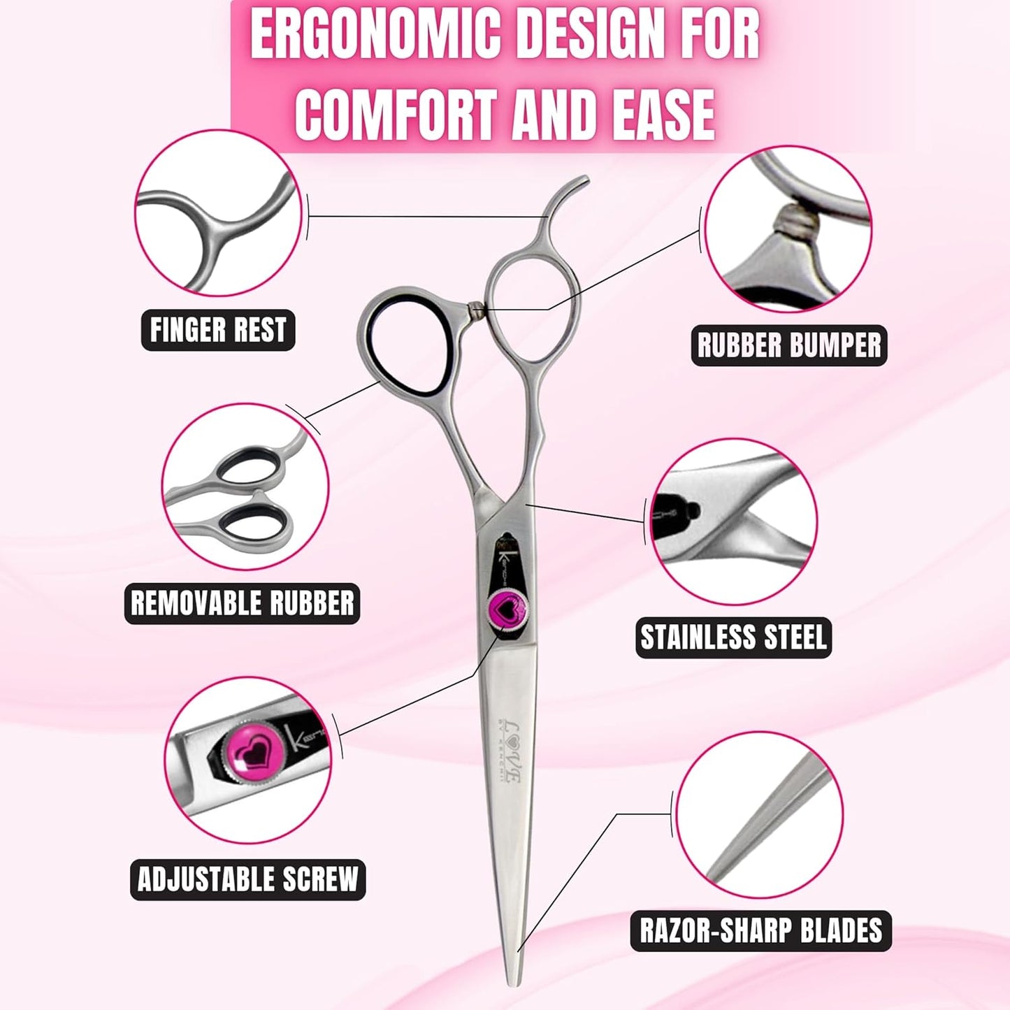 Kenchii Love Left Handed Dog Grooming Scissors, 7 Inch Straight Shears, Dog Scissors for Grooming, Professional Pet Grooming Scissors, Ergonomic & Comfortable