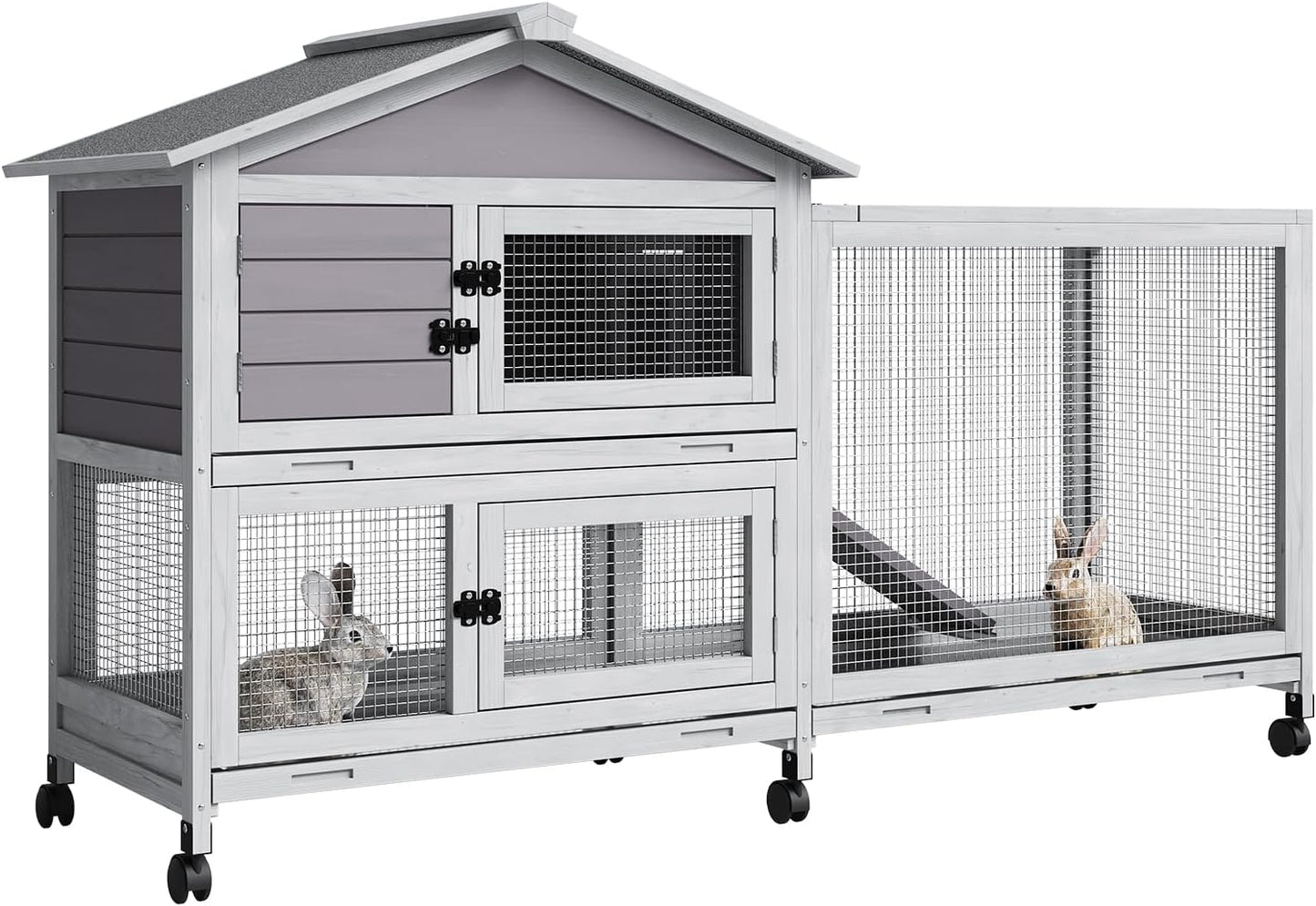2-Tier Rabbit & Chicken House Mobile,Wooden Chicken Coop & Bunny Cage with Non-Slip Ramp, 4 Doors,Waterproof Roof & Pull-Out Tray,Outdoor/Indoor Pet Cage Movable
