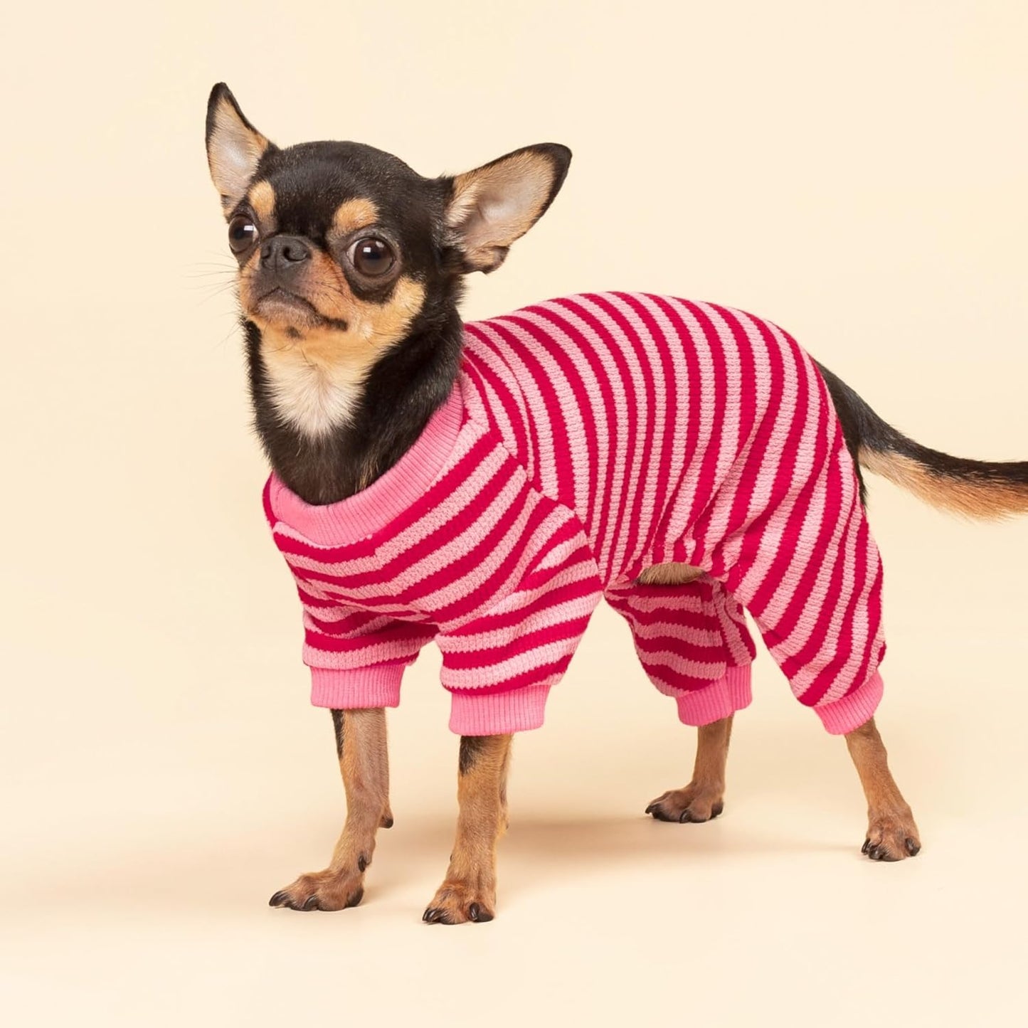 Fitwarm Pink and Red Striped Dog Pajamas, Waffle Dog Clothes for Small Dogs Girl Boy, Puppy Onesie with Feet, Pet Cat Outfit, XL