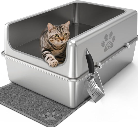 Enclosed Stainless Steel Cat Litter Box with Lid, Oversize Metal Litter Box for Multi Cats, XXXL Supersize Cat Toilet with High Side, Non-Stick, Anti-Leakage, Odorless, with Litter Mat & Litter Scoop