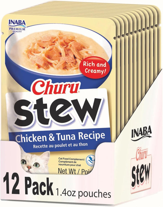 INABA Churu Stew for Cats, Side Dish Pouch with Vitamin E, 1.4 Ounces per Pouch, 12 Pouches, Chicken & Tuna Recipe