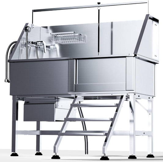 Professional 46" Dog Washing Station, Stainless Steel Dog Bathing Station, Height Adjustable Dog Wash Station, Storage Drawer, Upgrade Parts, Home, Commercial (Right Step)