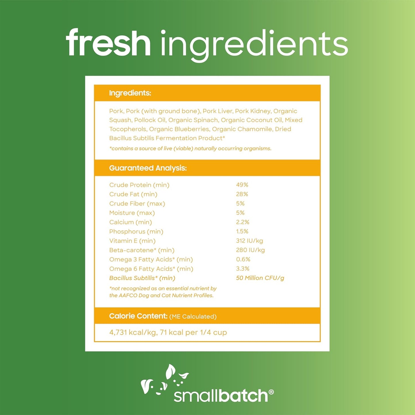 smallbatch Freeze Dried Dog Treats, Superfood Food Topper Pork Bites for Dogs & Cats, Probiotics, Organic Ingredients, High Protein, Grain Free Healthy Treat & Food Topper, Made in The USA, 7 oz Bag