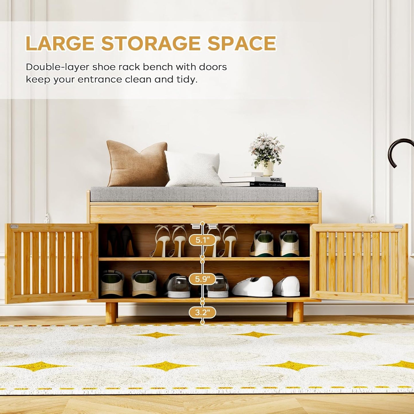 Shoe Storage Bench, Bamboo Entryway Bench with 2 Doors & Padded Seat Cushion, 35.4" W x 12.6" D x 19.7" H, 2-Tier Shoe Rack with Lift Top Hidden Storage, for Entryway, Living Room, Bedroom, Natural