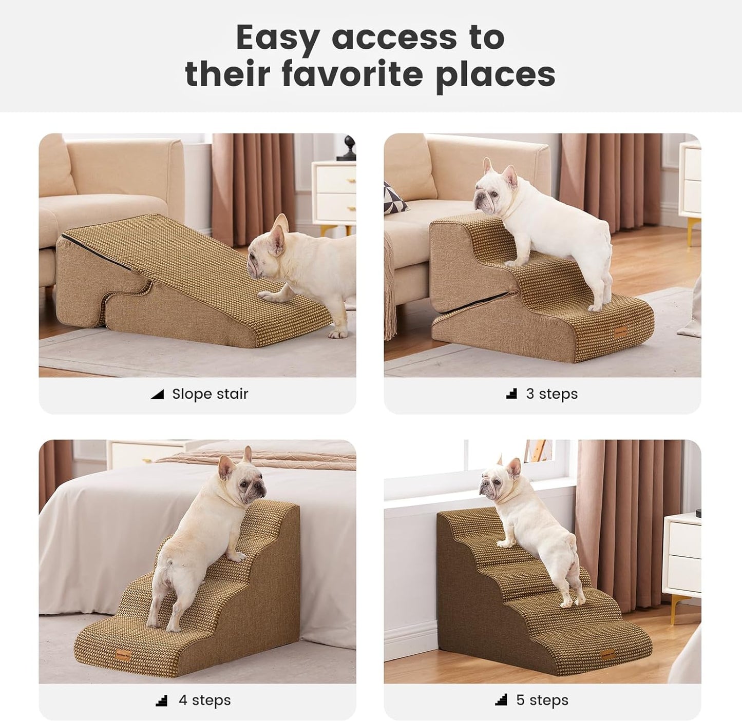 Gardner Pet Dog Stairs for Small Dogs 22.8" H, 5-Step Brown Curved Pet Stairs, Dog Steps for High Bed, Couch (24-30 in) with Durable Non-Slip Waterproof Fabric Cover and CertiPUR-US Certified Foam