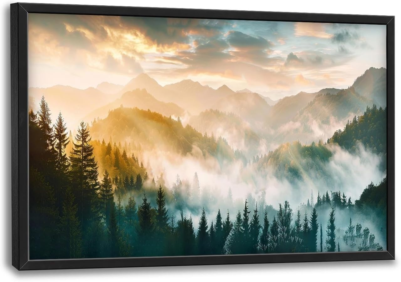 Mountain Large Wall Art Foggy Forest Landscape Pictures Sunrise Wall Decor Nature Scenery Canvas Print Painting Artwork for Bathroom Living Room Bedroom 36L" x 24W"