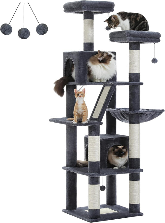 PAWZ Road 70 Inch Cat Tower, Tall Cat Tree with 2 Cozy Condos, 2 Plush Perch, Large Basket, 2 Scraching Pad & 6 Scraching Posts for Indoor Cats Large Adult, Dark Gray