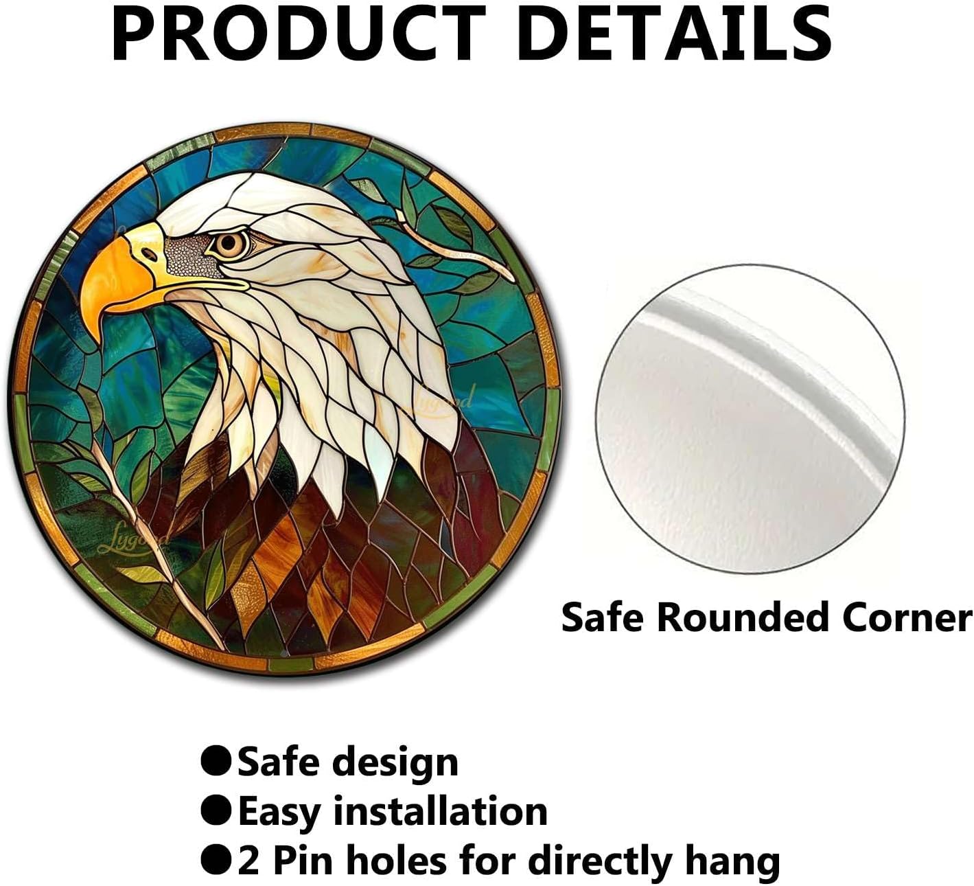 Lygond Metal Sign Tin Sign Circular Stained Glass Bald Eagle Boho Decorations for Home for Bar 8×8 Inches