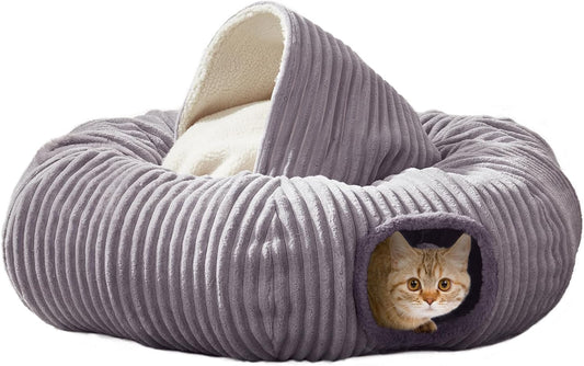 Large Cat Tunnel Bed for Indoor Cats,Cat Donut Tunnel Toy with Washable Circle Cushion,Blackout Tent, Multifunctional Playground Toys Hideplace for Kitty, Kitten, Rabbit,Ferret
