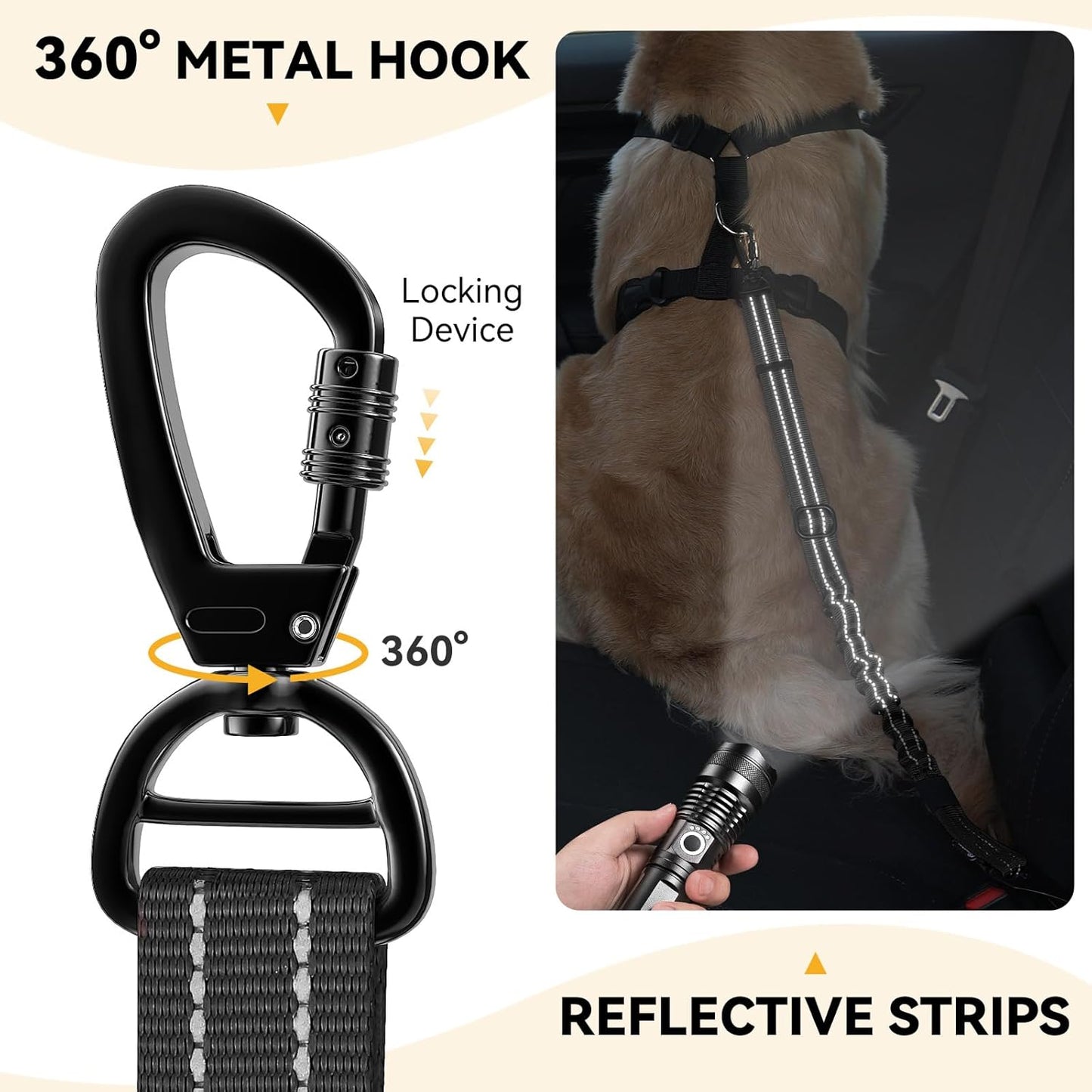 Pawaboo 2Pack Dog Seatbelt for Car, 3-in-1 Dog Car Seat Belt Bungee,Shockproof Dogs Tether for Car with Buckle & Hook Latch, Adjustable Reflective Dog Car Harness Leash with 360° Lockable Buckle,Black