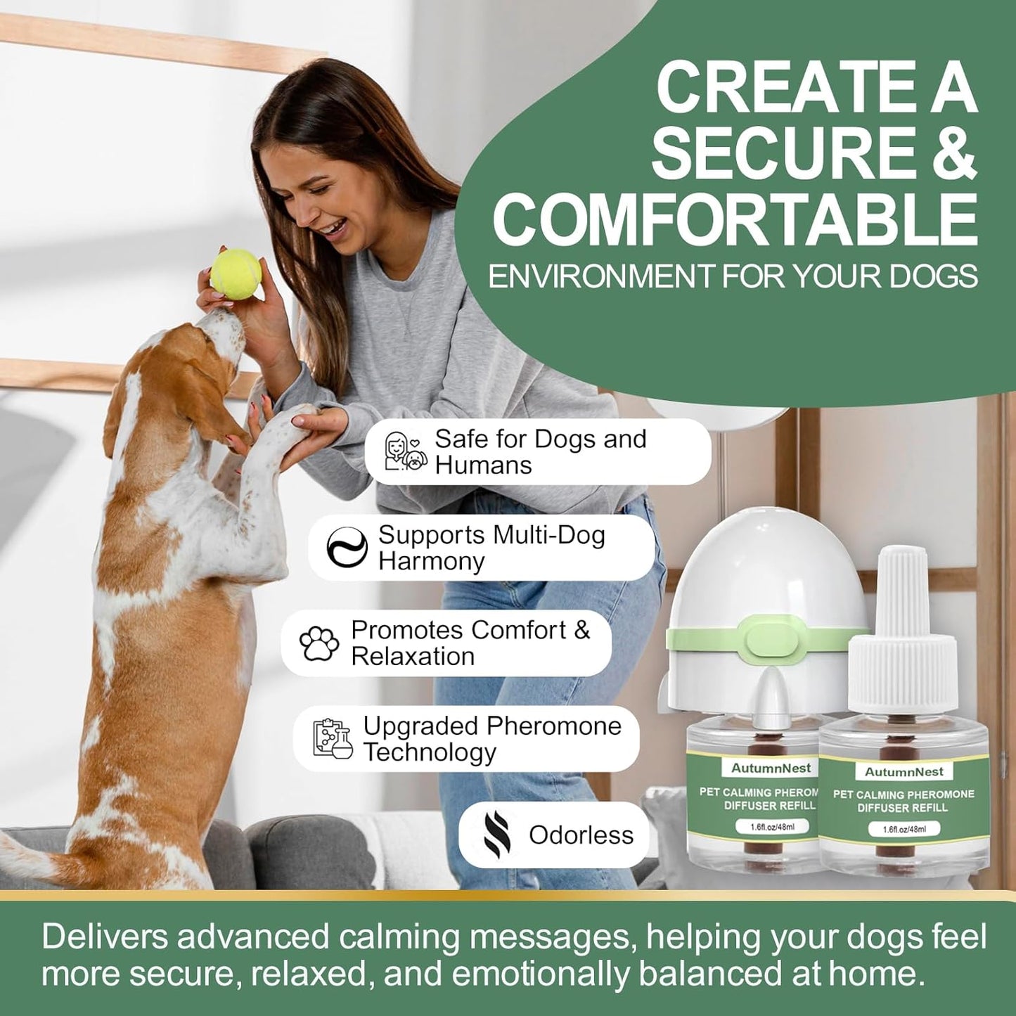 Dog Calming Pheromone Diffuser for Dogs, Plug-in + 3 Refills Kit, Supports Relaxed Behavior, Helps Ease Stress, Anxiety, Barking, Fear During Loud Events, Separation, Travel, 90 Days Non-Toxic Care