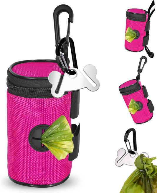 Dog Poop Bag Holder for Leash Attachment - Waste Bag Dispenser for Leash - Fits Any Dog Leash - Portable Set with Hand Free Holder Metal Carrier, Round Shape, Pink