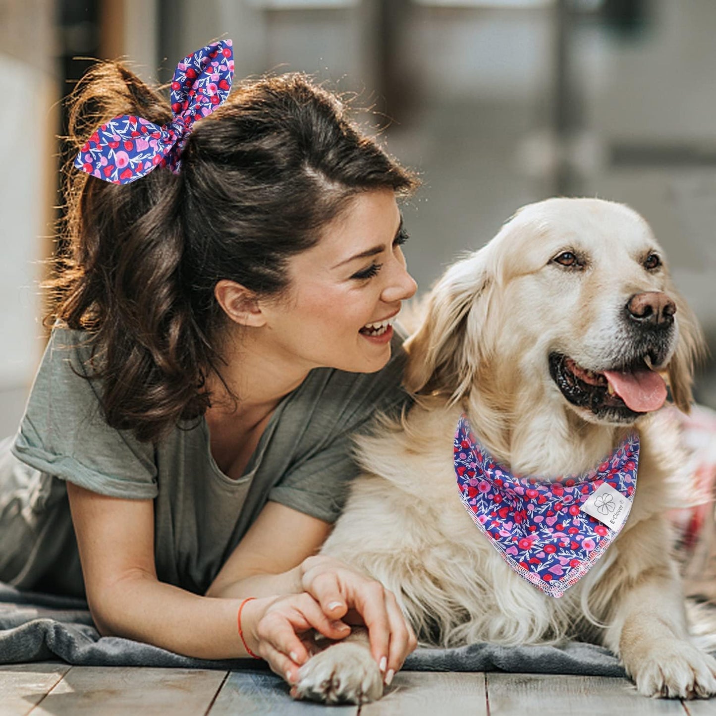 E-Clover Cute Girl Dog Bandanas & Matching Scrunchie Set Heart Dog Bandana Scarf with Bow Hair Ties for Medium Large Dogs Pet Owner Mom Gifts Pink Floral