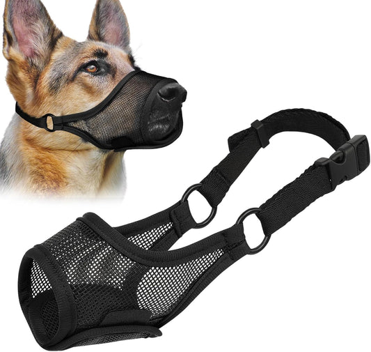 LUCKYPAW Dog Muzzle, Mesh Muzzle for Large Medium Small Dogs, Soft Mouth Guard for Biting Chewing, Breathable Mouth Guard with Adjustable Strap for Training (Black, M(Snout:8.75"-9.5"))