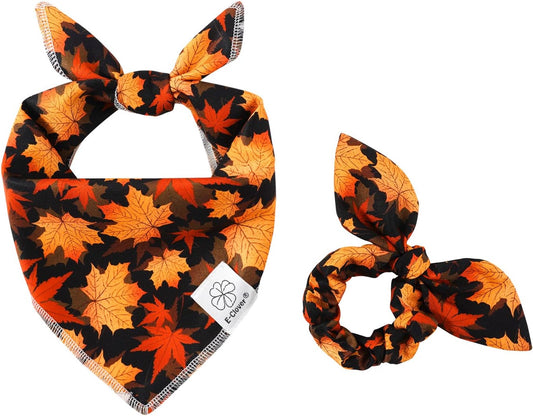 E-Clover Fall Dog Bandana & Scrunchie Set - Thanksgiving Pet Scarf Kerchief Bibs for Medium Large Dogs - Maple Leaves