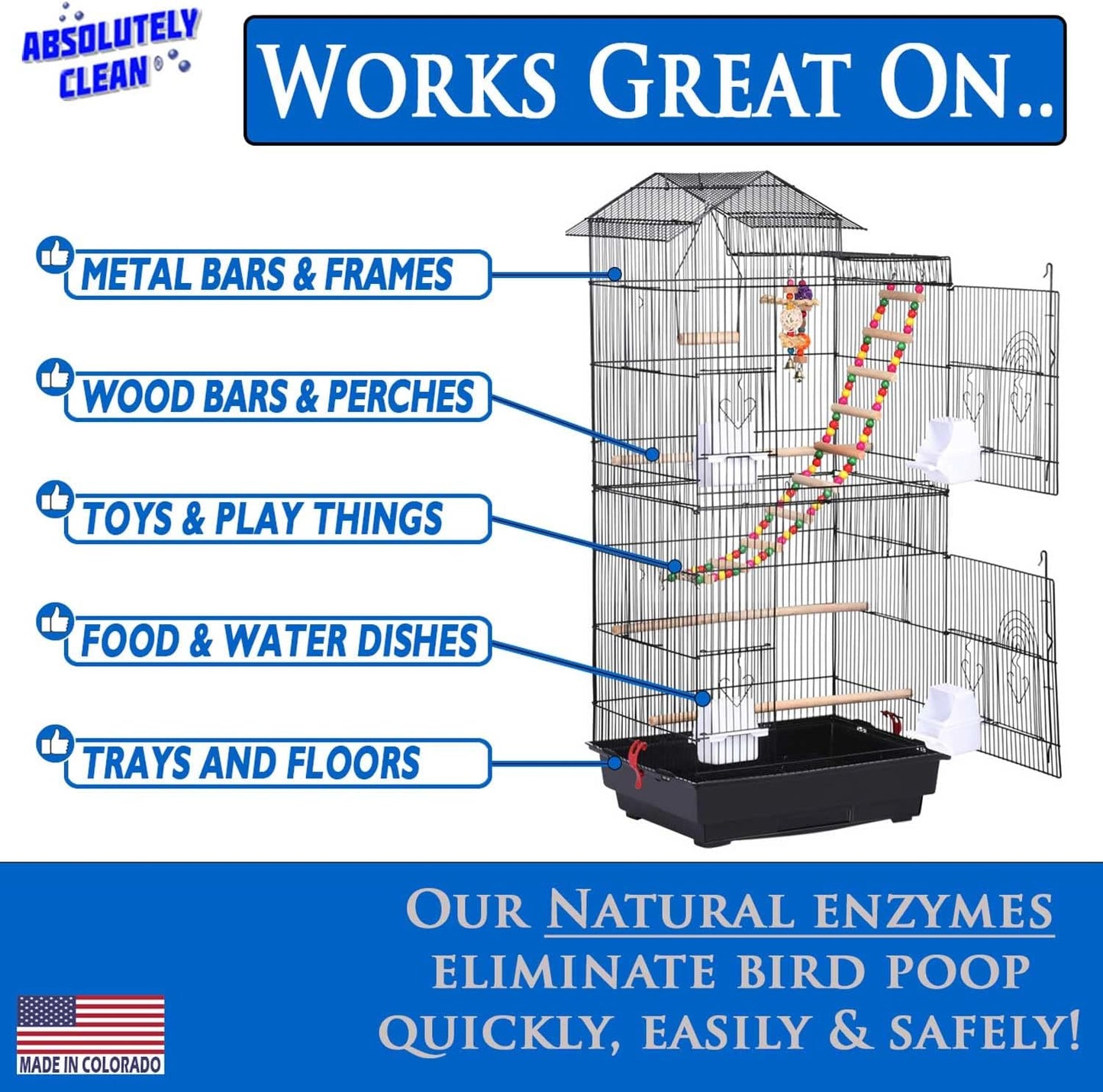 Absolutely Clean Amazing Bird Cage Cleaner and Deodorizer - Just Spray/Wipe - Safely & Easily Removes Bird Messes Quickly and Easily - Made in The US - Fragrance Free - 128oz Gallon