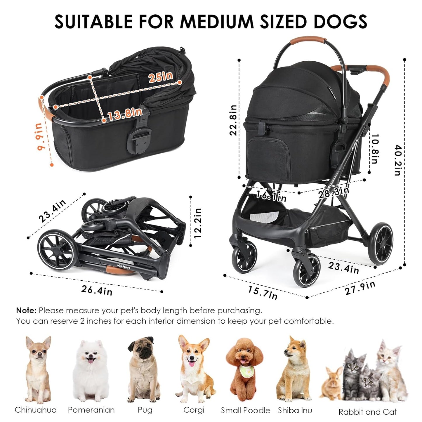T6 Luxury Pet Stroller for Medium Dogs Up to 66lbs or 2 Small Pets – 3-in-1 Dog & Cat Stroller with Removable Carrier, Foldable & Lightweight (Black)