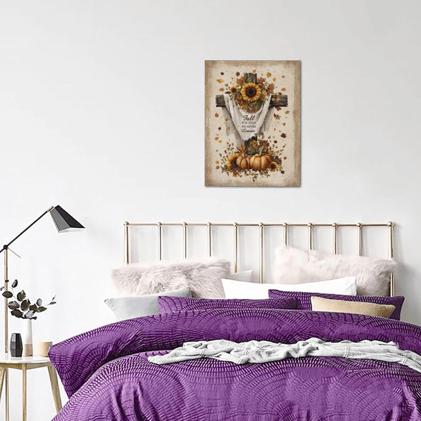 Christian Fall Wall Art Autumn Rustic Cross Sunflower Pumpkin Wall Decor Fall for Jesus He Never Leaves Pictures Painting Print Framed Artwork Decorations Gifts for Living Room Bedroom Prayer Room Office 12"x16"