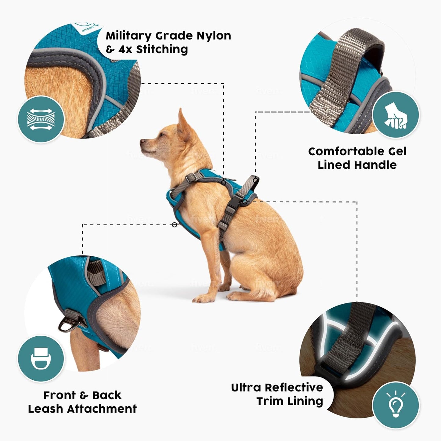 Embark Adventure Dog Harness, Easy On and Off with Front and Back Leash Attachment Points & Control Handle - No Pull Training, Size Adjustable and No Choke (Small - Teal Blue)