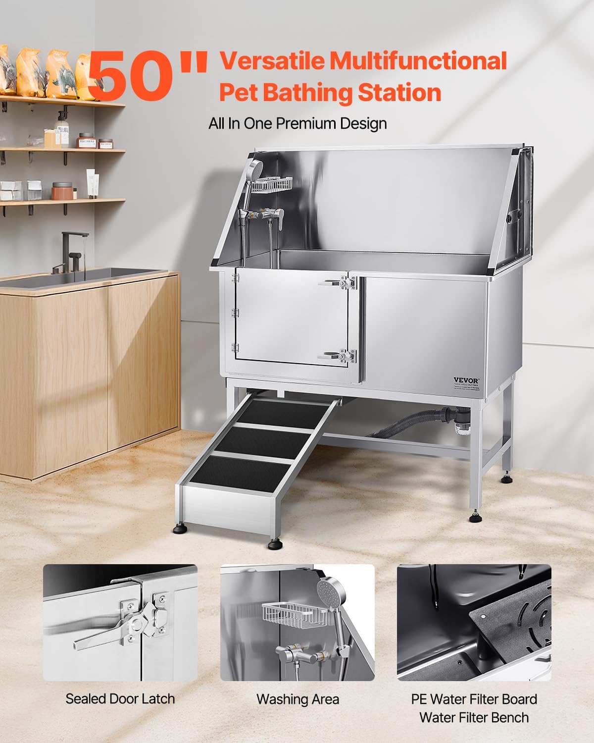 VEVOR Stainless Steel Dog Washing Station, 50 inch Pet Grooming Tub w/Ramp, PE Water Filter Board, Faucet & Showerhead & Soap Holder Dog Bathtub for Large & Medium & Small Pets (Left Door)