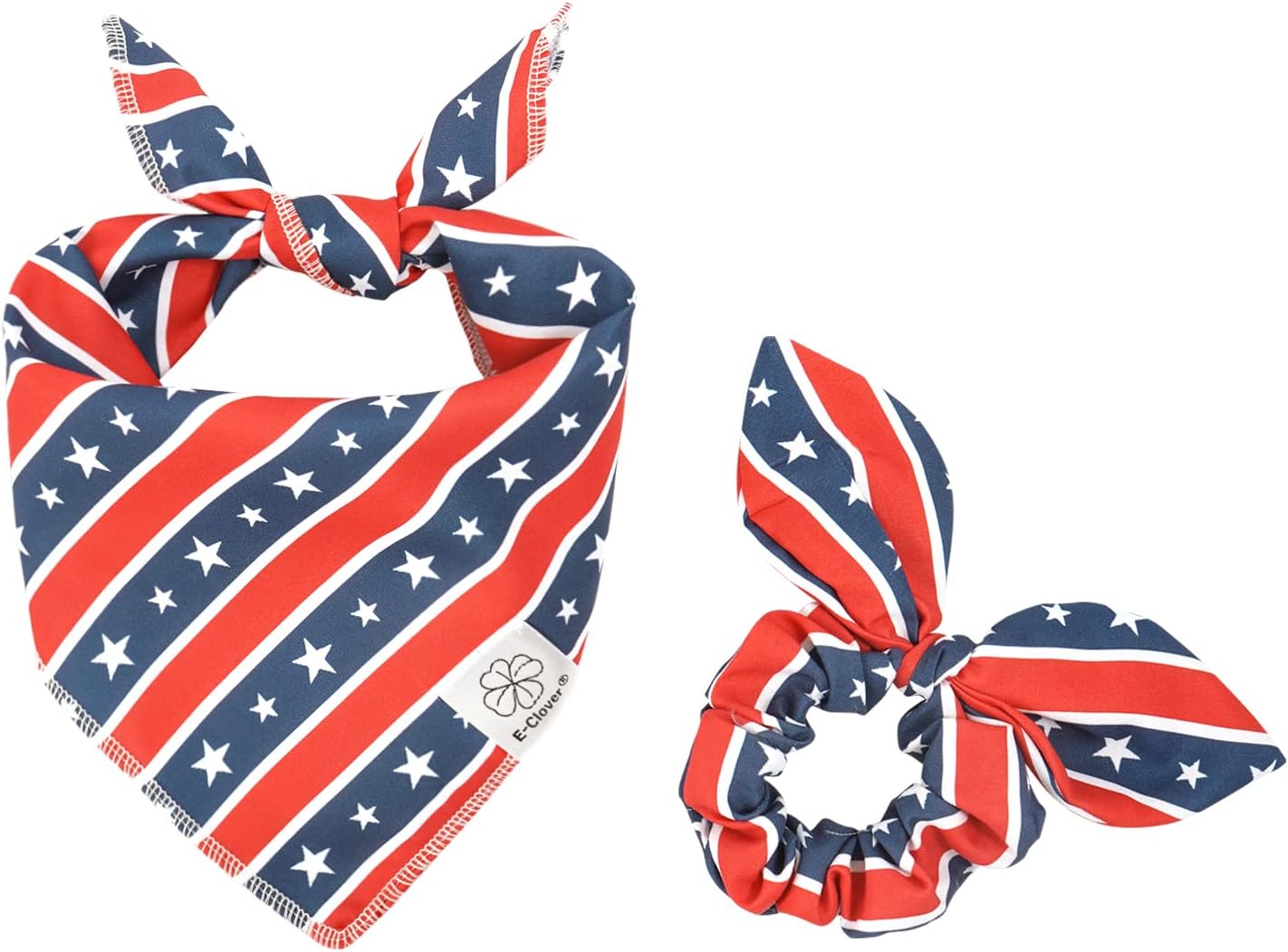 E-Clover 4th of July Dog Bandanas & Matching Scrunchie Set American Flag Dog Scarf for Medium Large Dogs Patriotic Pet Bandana Kerchief Bibs Owner Mom Matching Gifts