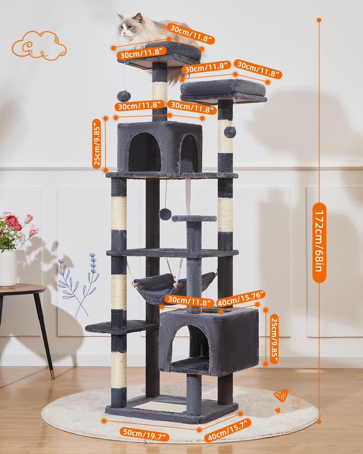 Taoqimiao Cat Tree, 68-Inch Cat Tree Cat Tower for Indoor Cats, Plush Multi-Level Cat Condo with 6 Scratching Posts, 2 Perches, 2 Caves,Hammock, 3 Pompoms,MS020SG Smoky Gray