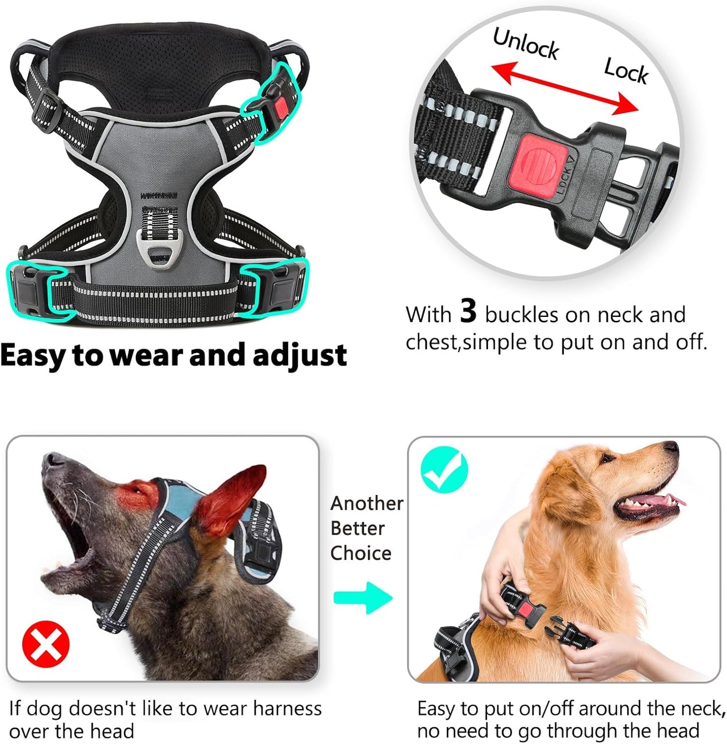 Timos Dog Harness Large Sized, No Pull with Neck Lockable Snap,No Choke Front Clip Dog Reflective Harness,Adjustable Metal Rings 3 Buckles,Easy Control Handle for Large Dogs Gray XL