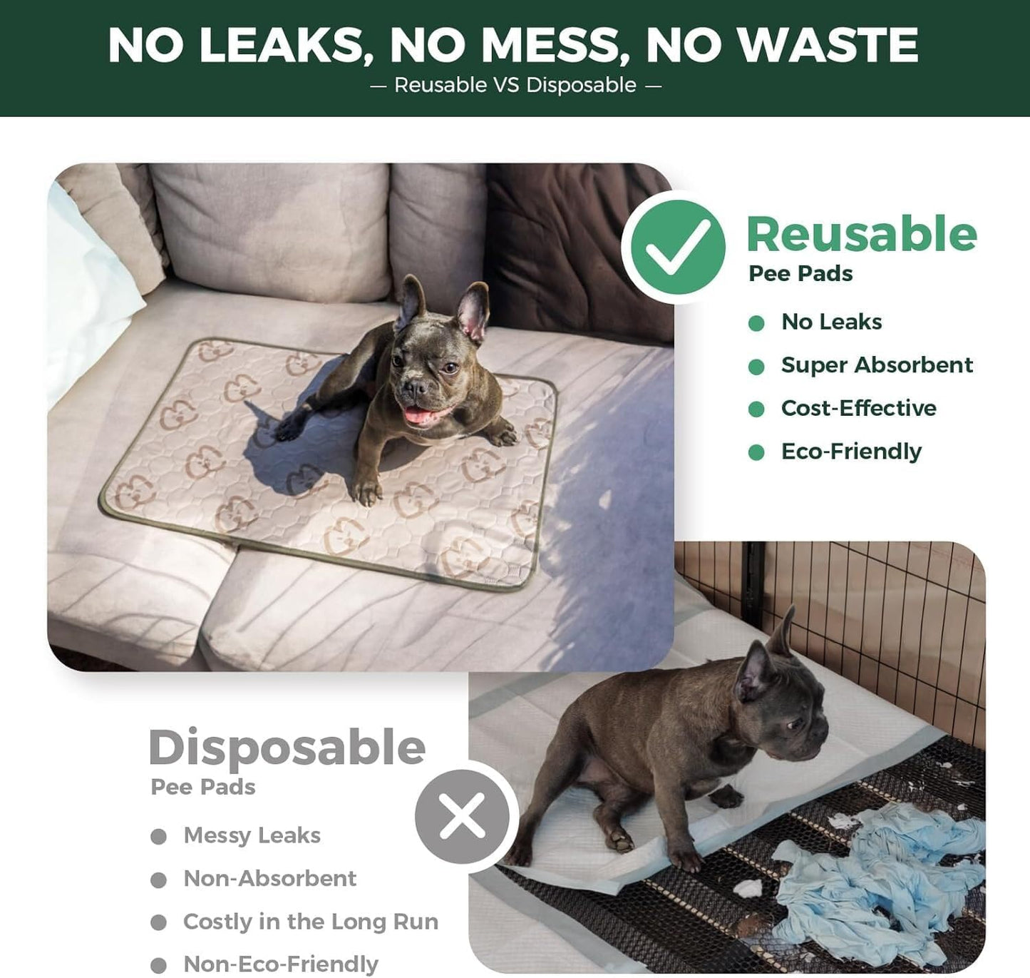 FXW Washable Pee Pads for Dogs, Puppy Pads with Super Absorbent, Specifically Designed for 48inch Cages, 47" × 29" Rectangle, Khaki, 2 Packs