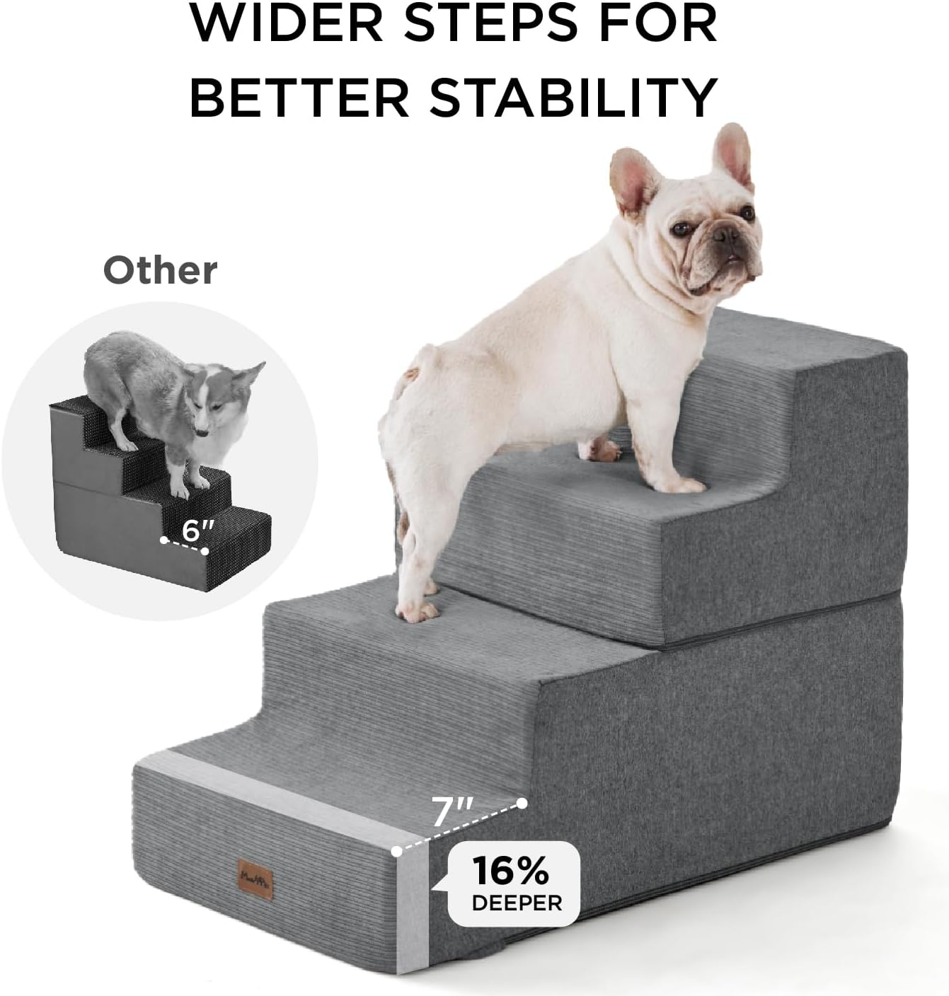 Made4Pets Dog Stairs for Small Dogs, Extra Wide Dog Steps for Bed Couch Sofa and Chair, 35D Foam Pet Steps for Small Dogs and Cats, Non-Slip Bottom Pet Stairs, Grey, 3 Steps