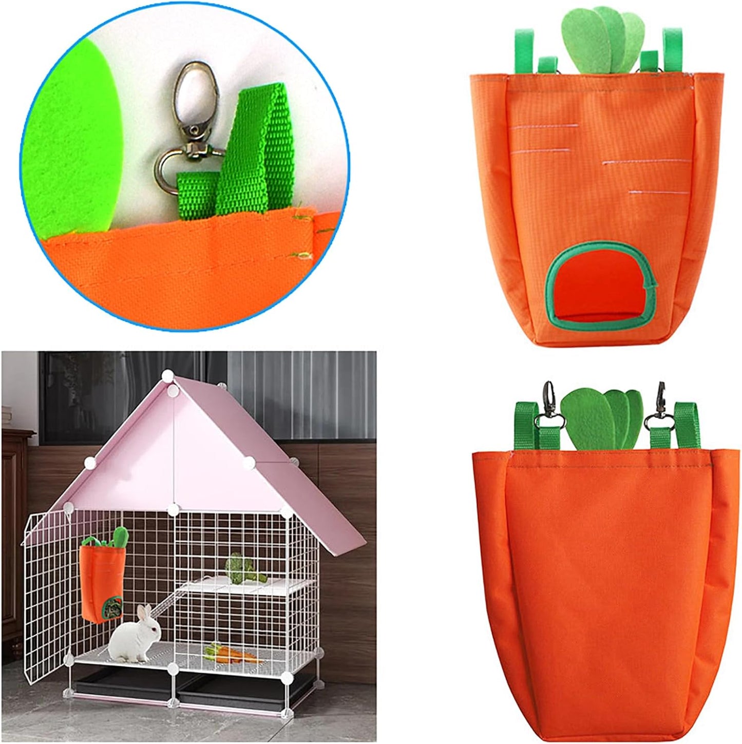 GKYZBB Rabbit Hay Feeder Bag for Cage Guinea Pig Timothy Hay Dispenser Storage Manger Hanging Large Less Waste for Bunny（Carrot）