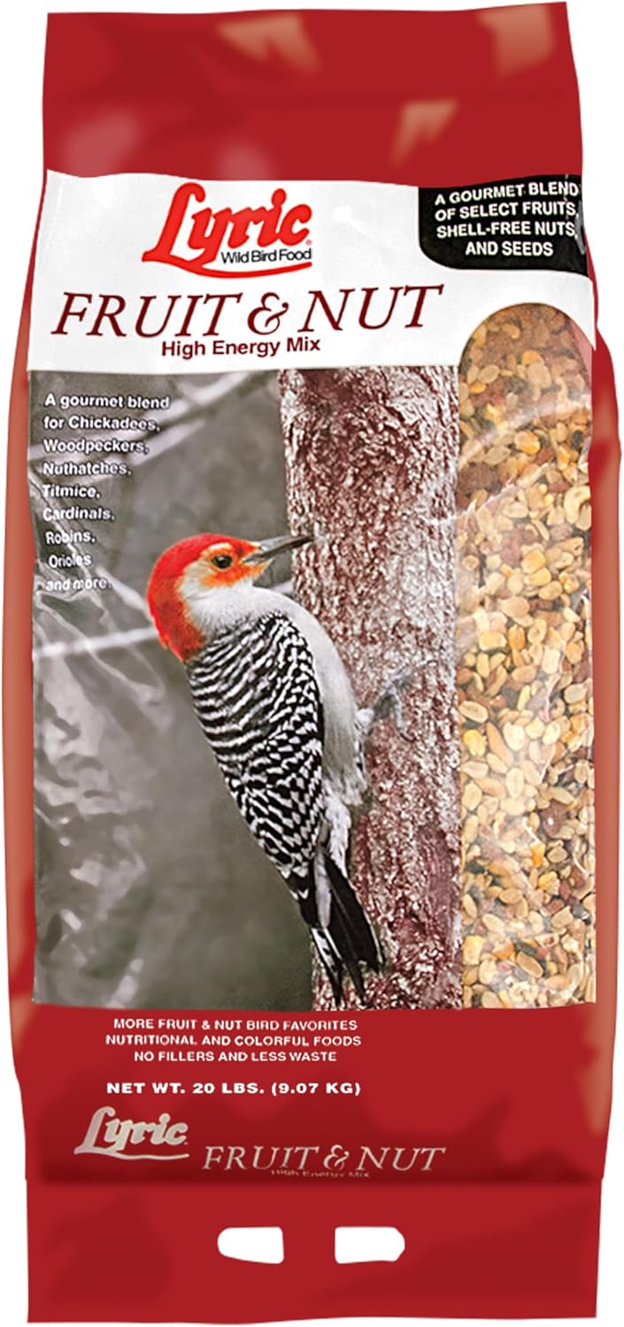 Lyric Fruit and Nut Wild Bird Seed - High Energy Wild Bird Food Mix - Attracts Woodpeckers, Chickadees & Other Songbirds - 20 lb bag