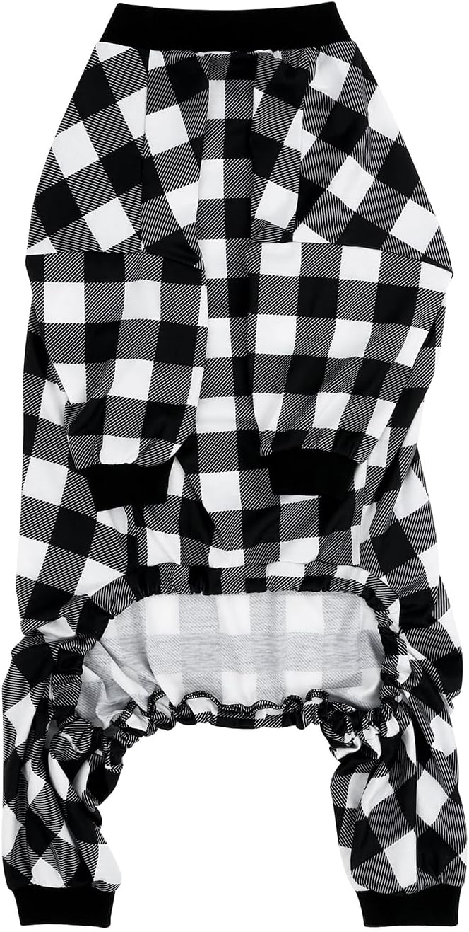 HDE Dog Pajamas One Piece Jammies Jumpsuit Pet Clothes Outfit Stretchy Lightweight Comfy Shirt Pjs for M-3XL Dogs Black & White Buffalo Plaid - XL