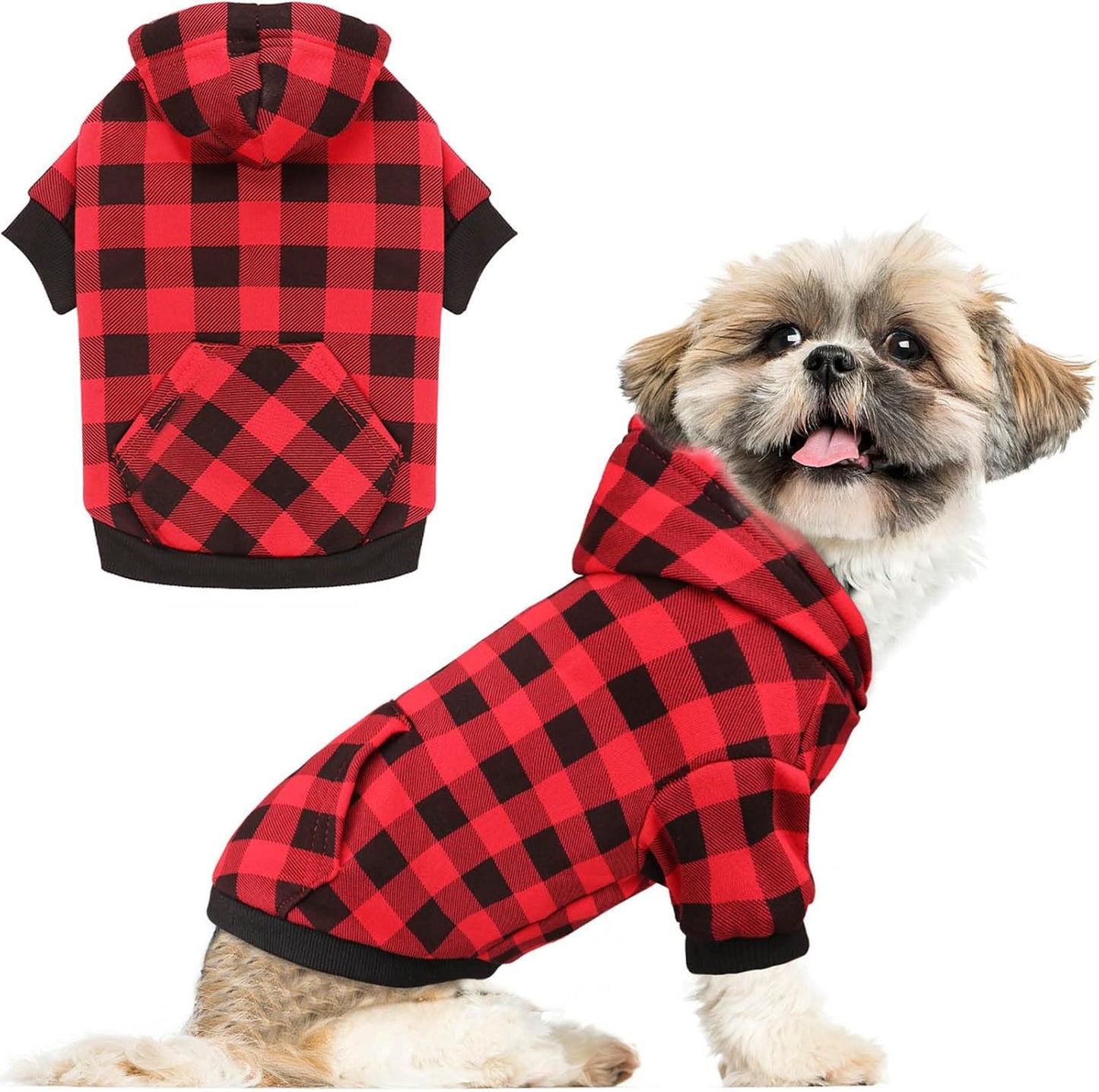 Dog Sweater Red Buffalo Plaid Pet Clothes Warm and Soft Breathable Cozy Small Pet Hoodies Dog Sweaters for Small Dogs with Pocket(S)