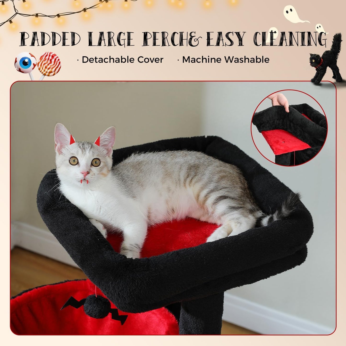 PAWZ Road Large Cat Tree, 41 Inches Gothic Cat Tower with 2 Spacious Condos for Indoor Cats, Large Black Cat House with Comfy Hammock, Padded Perch, Scratching Pad and Replaceable Balls-Black