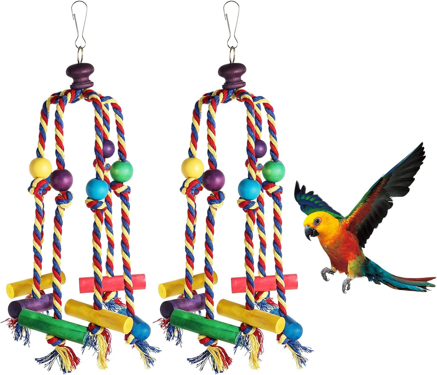 Bird Toys for Parrots Conures, Colorful Rope Bird Toys, Interactive Chewing Climbing Toy for Cockatiels, Small Birds Fun Hanging Design with Hook for Cages Relieves Boredom Encourages Behavior