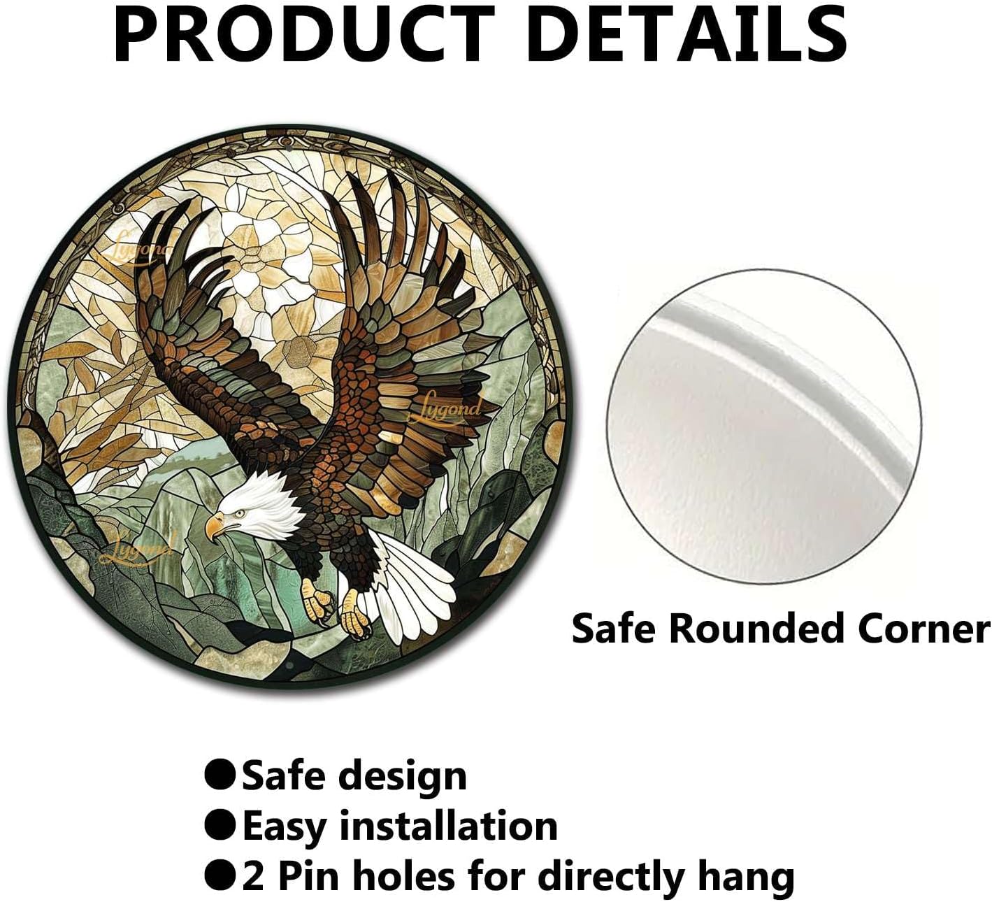 Lygond Metal Sign Tin Sign Circular Stained Glass American Bald Eagle Inspirational Wall Art for Club 8×8 Inches