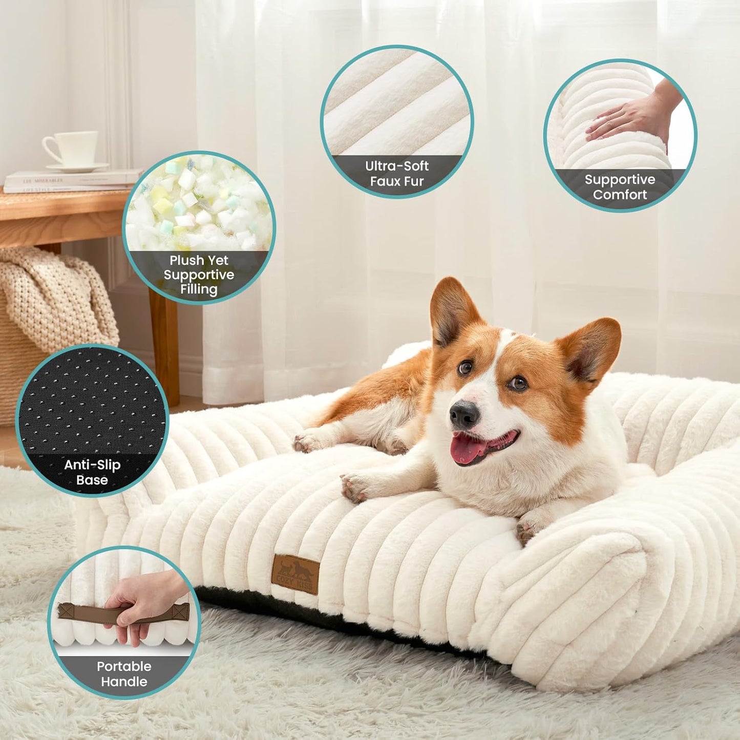 Cute Cat Couch, Premium Plush Faux Fur Pet Couch Bed, Ultra-Soft Pet Furniture for Cats & Small Dogs (Cream, M: 31.5''x23.5'')