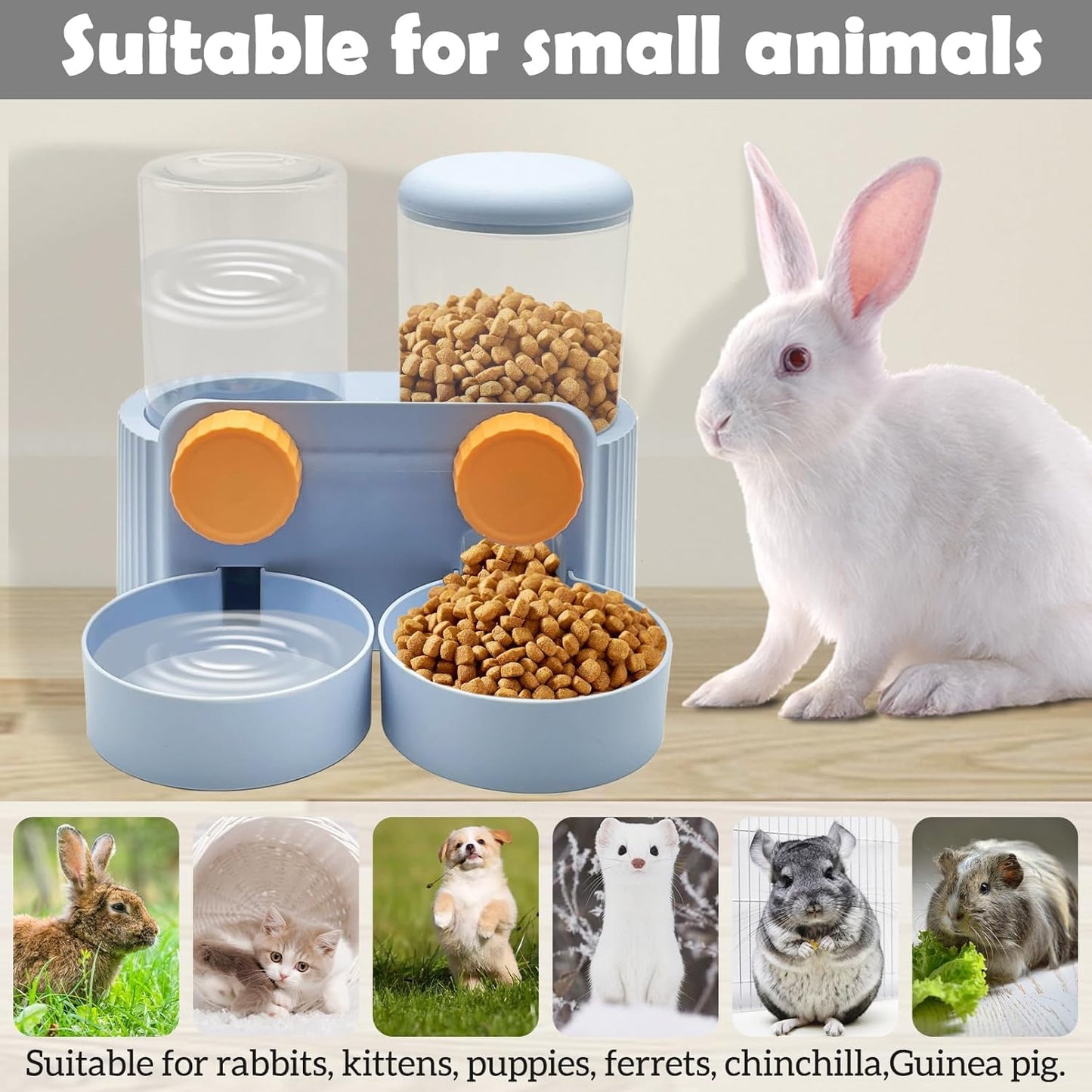 kathson Automatic Rabbit Food and Water Dispenser for Cage, Auto Gravity Bunny Feeder and Water Set Hanging Small Animal Feeding & Watering Supplies for Guinea Pig Ferret Puppy Kitten (Blue)