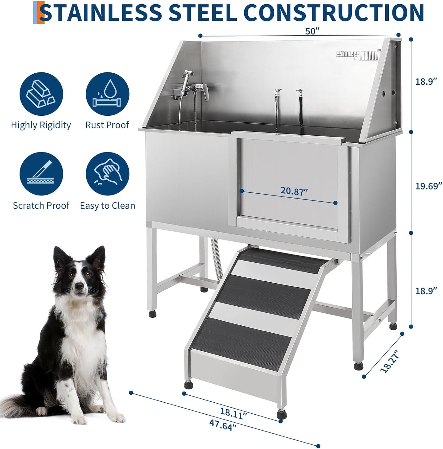 Stainless Steel Dog Washing Station - Dog Bath Tub for Large, Medium, Small Dogs, Pet Grooming Tub with Ramp, Non-Slip Grate, Shower, Soap Box, Faucet, Drain for Home & Outdoor （Right RAMP, 50"）