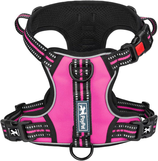 PoyPet No Pull Dog Harness, No Choke Front Clip Reflective Dog Vest with Soft Padded Vertical Handle, 3 Leash Attachments for Small Medium Large Dogs (Pink,S)